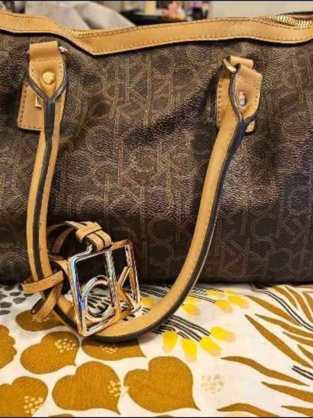 Calvin Klein Brown Signature Logo Purse with Tan Trim and Gold Hardware